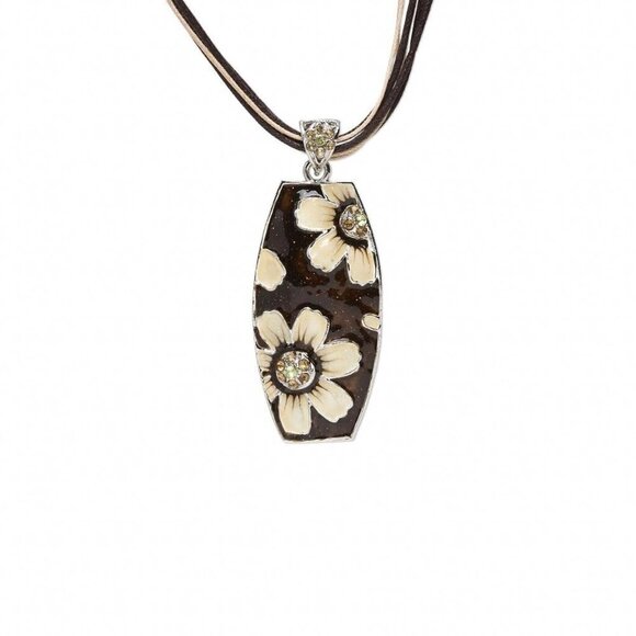 Austrian Crystal Enameled Flowers Tapered Rectangle Cotton Cord Pendant Necklace - Picture 2 of 2